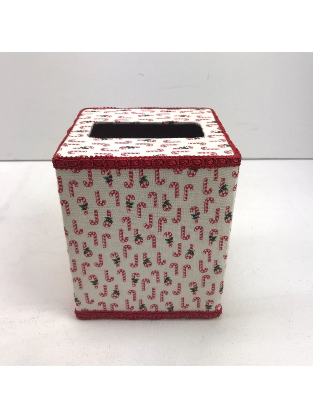 Vintage 90s Handmade Christmas Candy Cane Fabric  Tissue Cover Box Holiday Decor